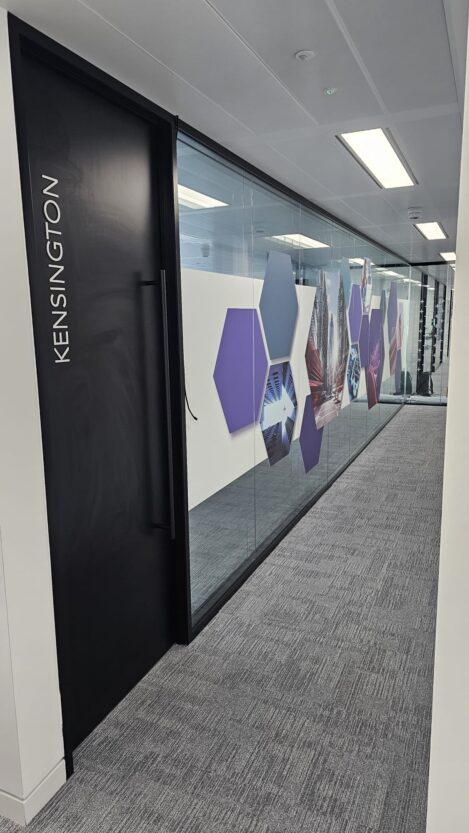 Halo-lit sign, internal wall and glazing graphics, London